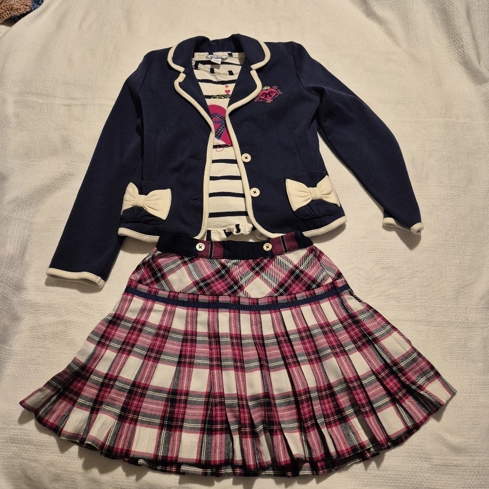 Hartstring girls 3 piece plaid skirt 7,  bow heart shirt 7 blue jacket 7/8 VGUC